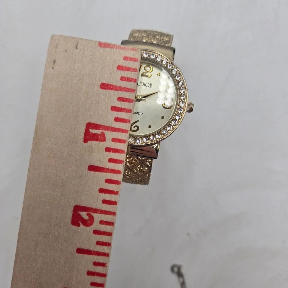 Studio Time Womens Gold Tone Crystal Bezel Cuff Watch STD3563T Textured Band